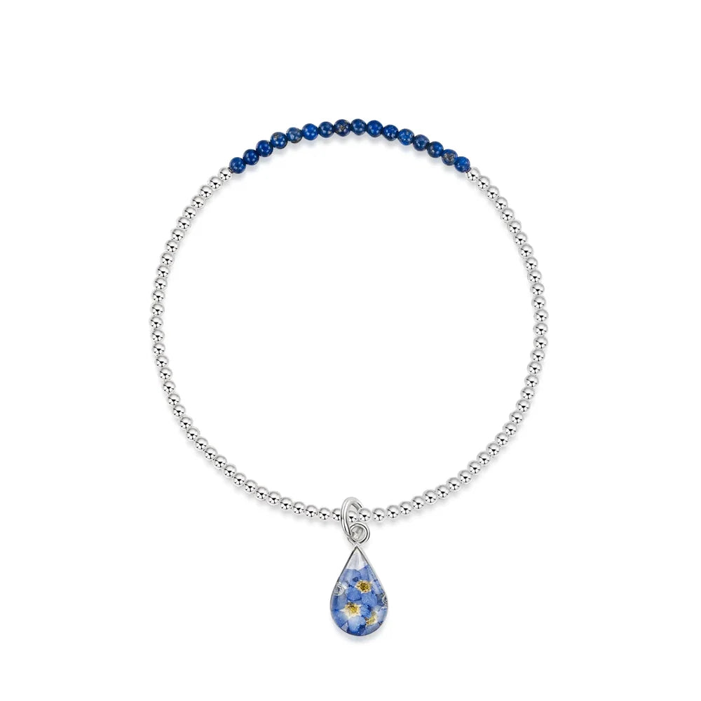 Forget-Me-Not Teardrop Stretch Silver Beaded Bracelet