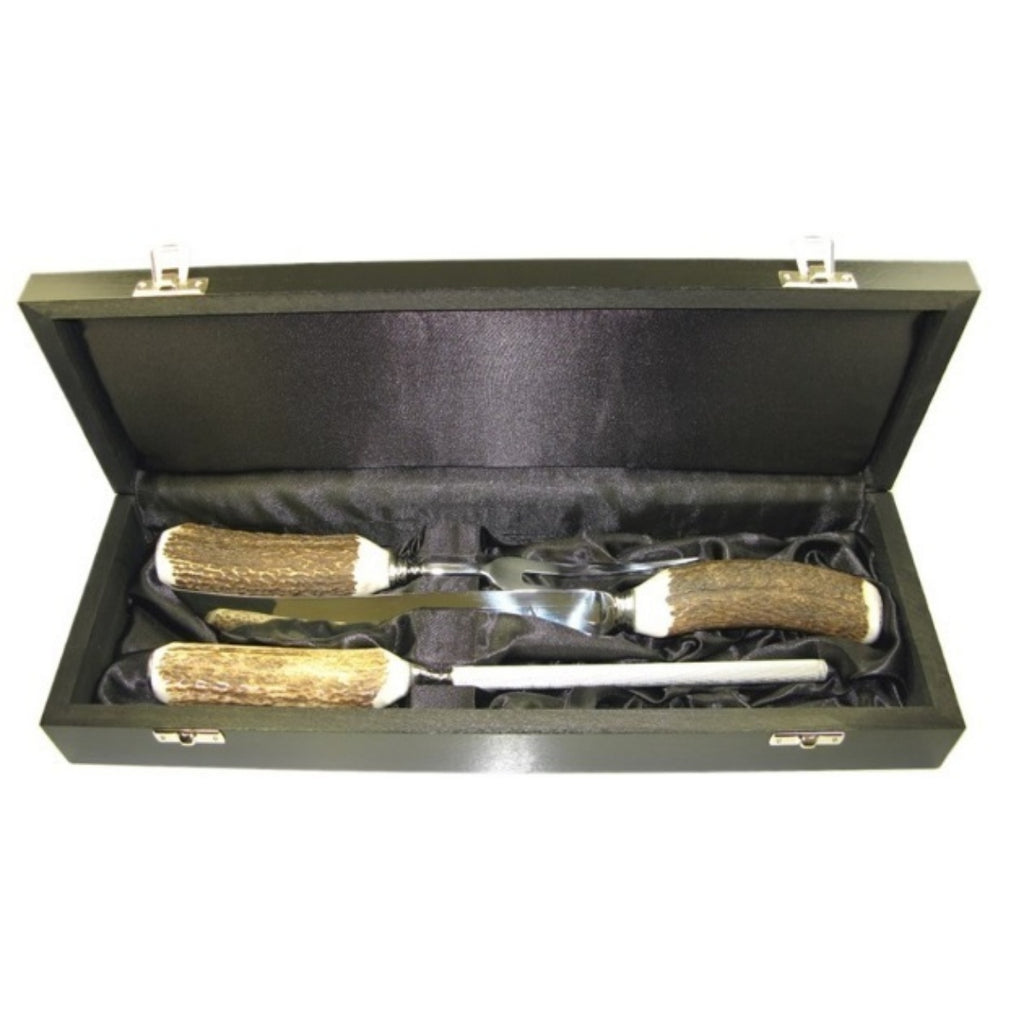 Boxed Three Piece Polished Stag Antler Handle Carver Set