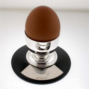 Sterling Silver Egg Cup on Ebonised Stand with Engraving Plaque