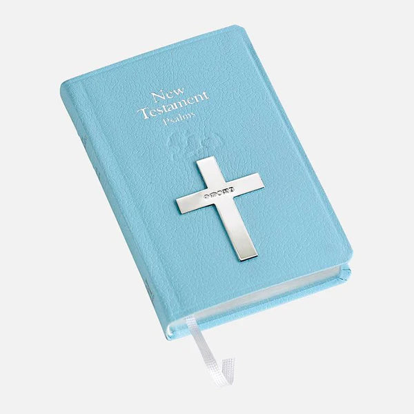 Blue New Testament Bible with Sterling Silver Cross
