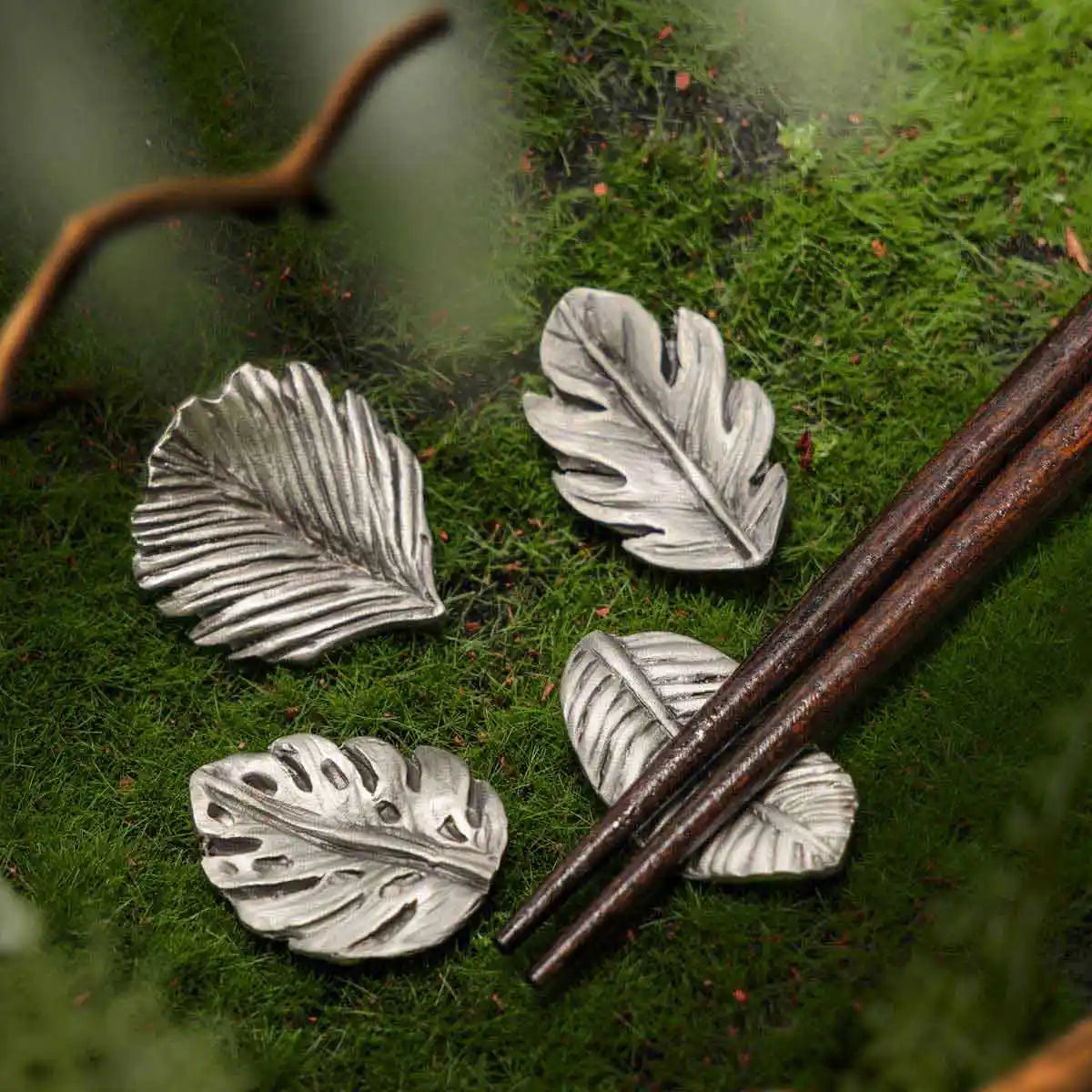 Tropical Leaves Pewter Chopstick Rest Set (Set of 2)